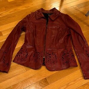 WHBM Women's Burgundy Laser-Cut pleather Jacket
